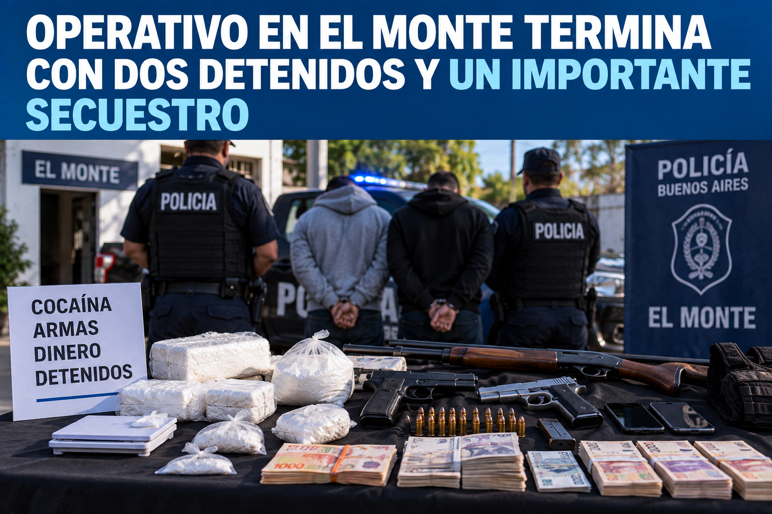 Operativo en El Monte: dos detenidos y un arsenal de cocaína, armas y dinero