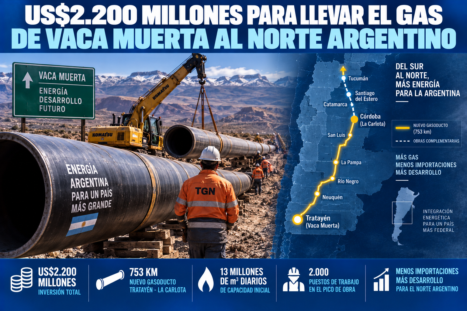 Privados invertirán US$2.200 millones para llevar el gas de Vaca Muerta al norte argentino
