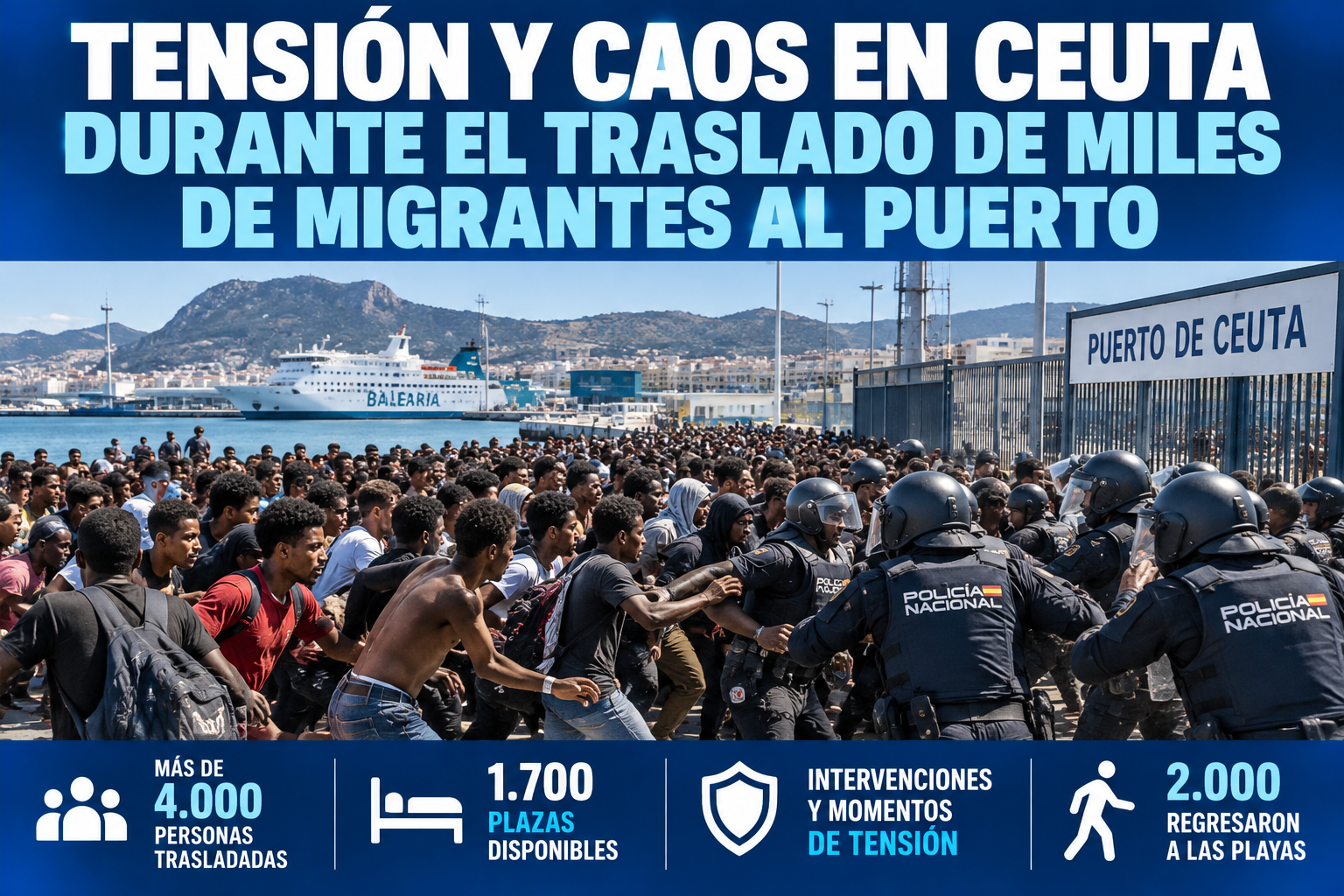 Tensión y caos en España durante el traslado de miles de migrantes al puerto de Ceuta