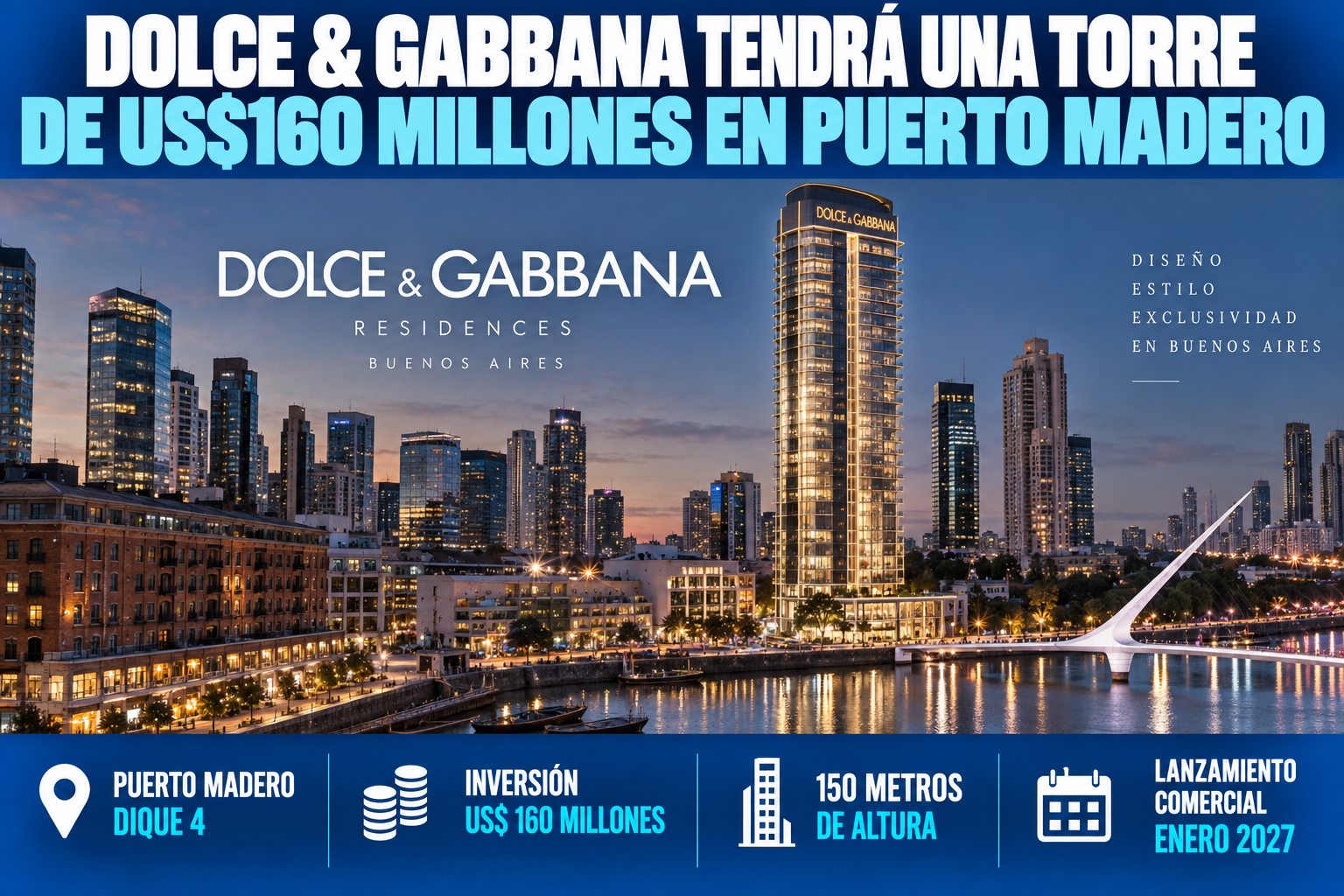 La marca italiana de lujo Dolce & Gabbana desembarcará en el mercado inmobiliario argentino con una torre de alta gama en Puerto Madero.
