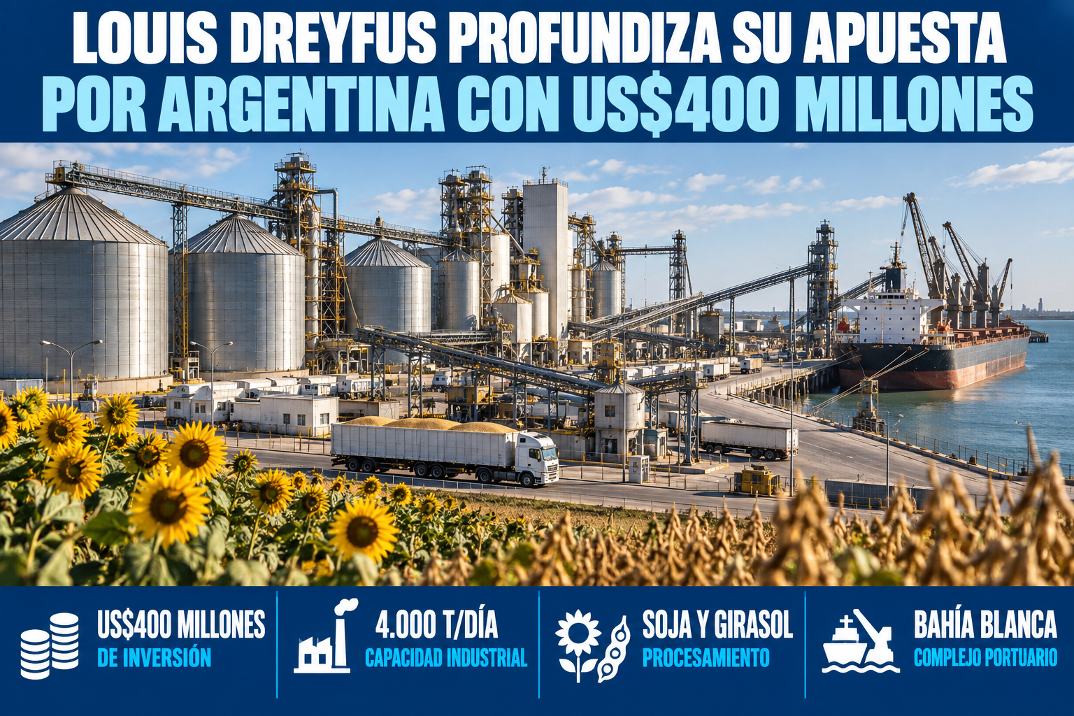 Dreyfus invierte US$400 millones en una nueva planta de procesamiento de soja y girasol en Bahía Blanca