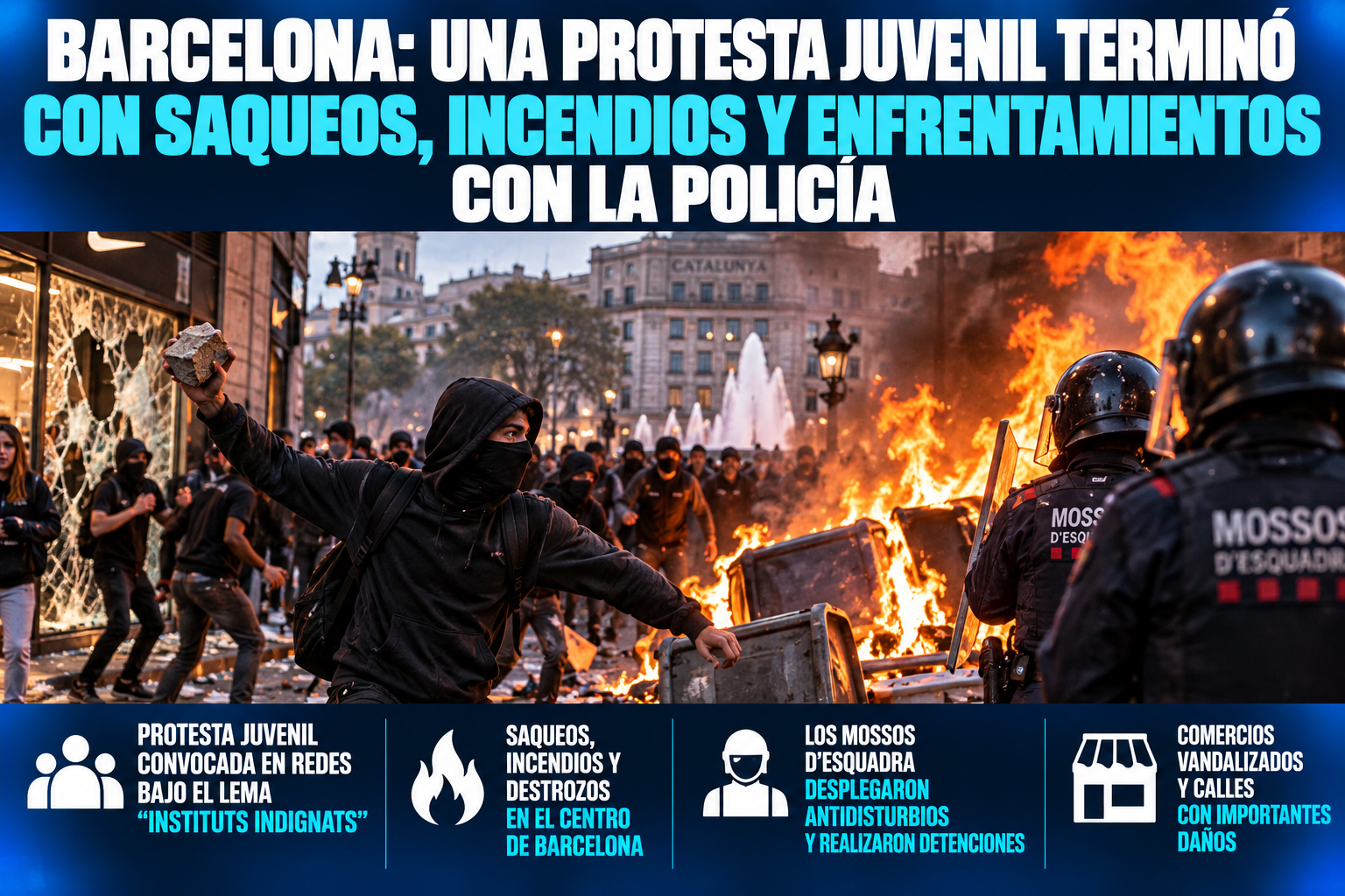 Barcelona: una protesta juvenil terminó con saqueos, incendios y enfrentamientos con la policía