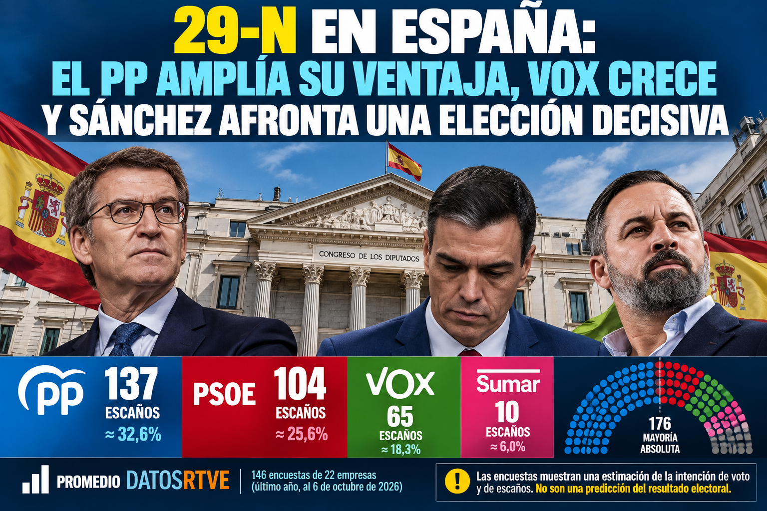 Elecciones en España: el PP amplía su ventaja, Vox crece y Sánchez afronta una elección casi perdida