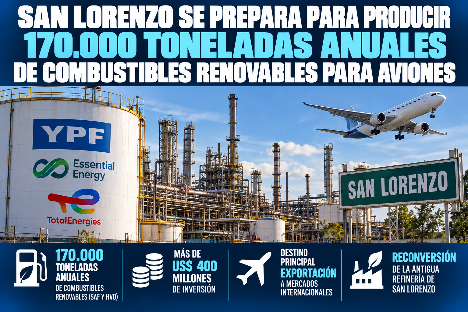 YPF se prepara para producir 170.000 toneladas anuales de combustibles renovables para aviones
